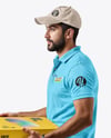 Delivery Man with Pizza Box Wearing Polo Shirt Mockup