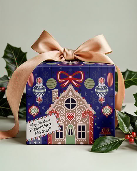 X-mas Gift Box with Bow and Holy Leaf Mockup