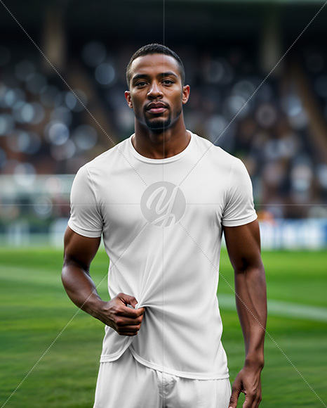 Soccer Player Wearing a Crew Neck Jersey and Shorts at the Stadium Mockup
