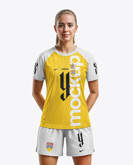 Woman Wearing Raglan Soccer Jersey and Shorts Mockup - Crew neck mockup