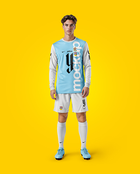 Soccer Player Wearing Long Sleeve Jersey and Shorts Mockup