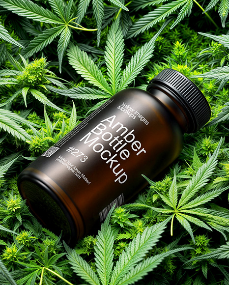 Amber Supplements Bottle on a Hemp Leaves Mockup - Amber+Cbd+Bottle+Mockups+Psdcovers+Create+Mockups+In+A+Snap
