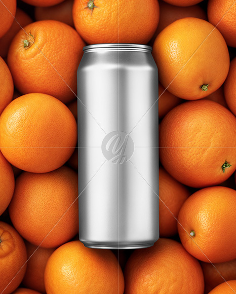16oz Drink Can on a Stack of Oranges Mockup