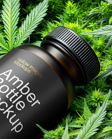 Amber Supplements Bottle on a Hemp Leaves Mockup