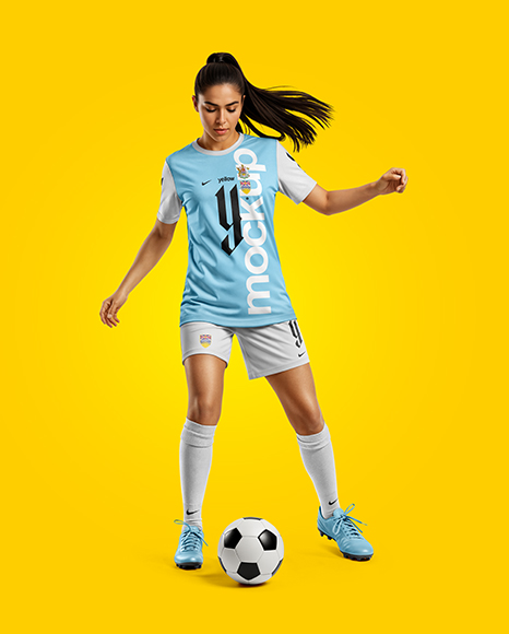 Woman Wearing Soccer Jersey and Shorts Mockup