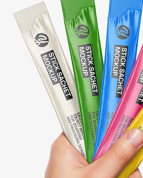 Five Sachets in a Hand Mockup