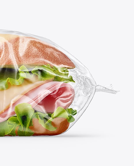 Clear Plastic Flow-Pack with Sandwich in Kraft Paper Sleeve Mockup