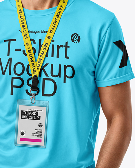 Smiling Man Wearing T-Shirt with Badge Mockup