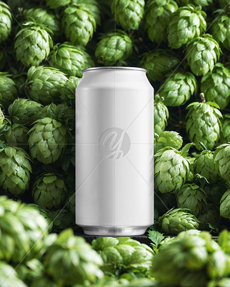 Beer Can on Fresh Hops Background Mockup