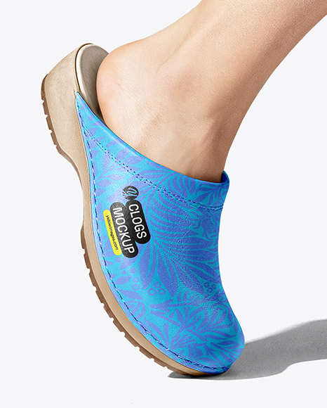 Pair of Clogs on Woman's Legs with Skirt Mockup