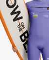 Surfer Wearing Wetsuit with Longboard Mockup