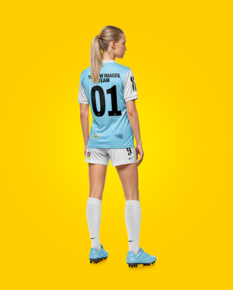 Female Soccer Player Wearing Jersey and Shorts Mockup