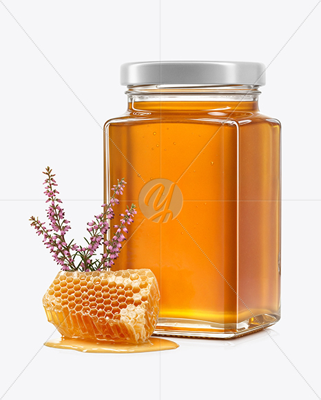 Square Glass Jar with Heather Honey Mockup