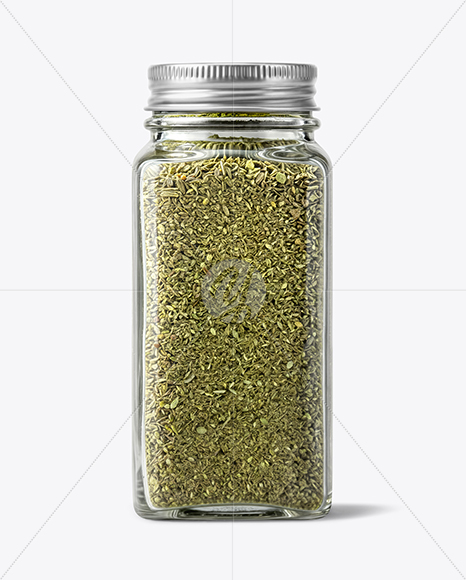 Square Glass Jar with Marjoram Spice Mockup