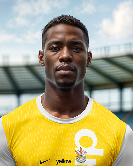 Soccer Player Wearing a Crew Neck Jersey and Shorts at the Stadium Mockup