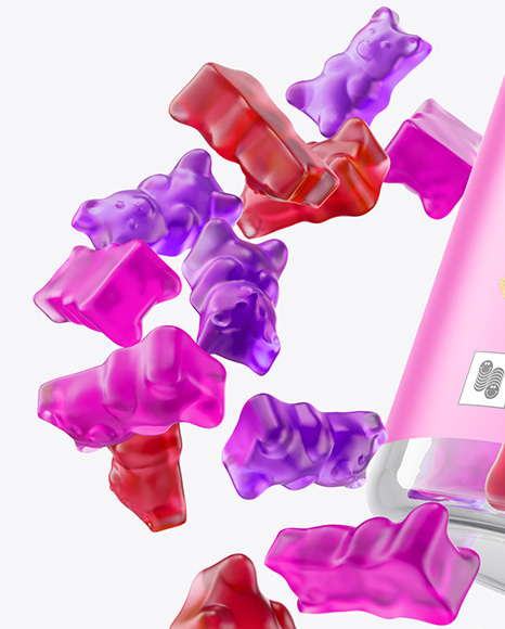 Plastic Bottle with Flying Gummies Mockup