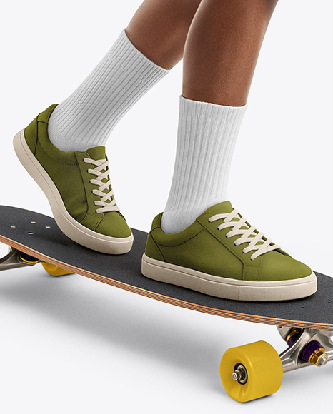 Black Woman Wearing T-Shirt and Shorts Standing on Longboard Mockup