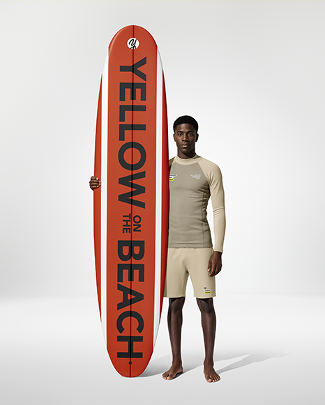 Man Wearing Rashguard Jersey and Shorts with Surfboard Mockup