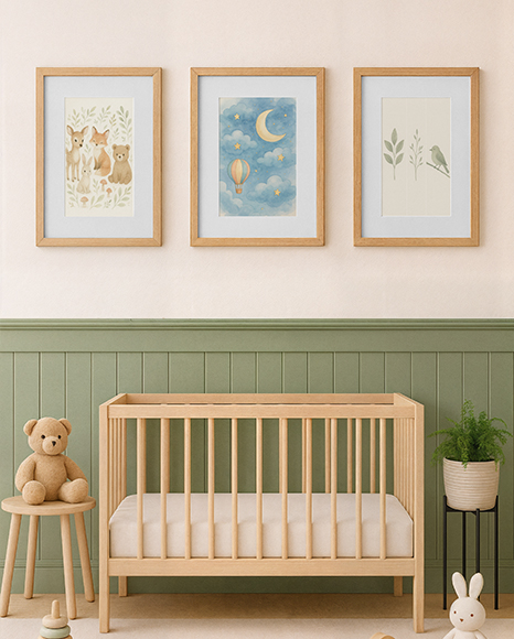 Nursery Room with Three Framed Posters Mockup