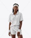 Young Black Woman Wearing Tennis Polo Shirt and Shorts Mockup
