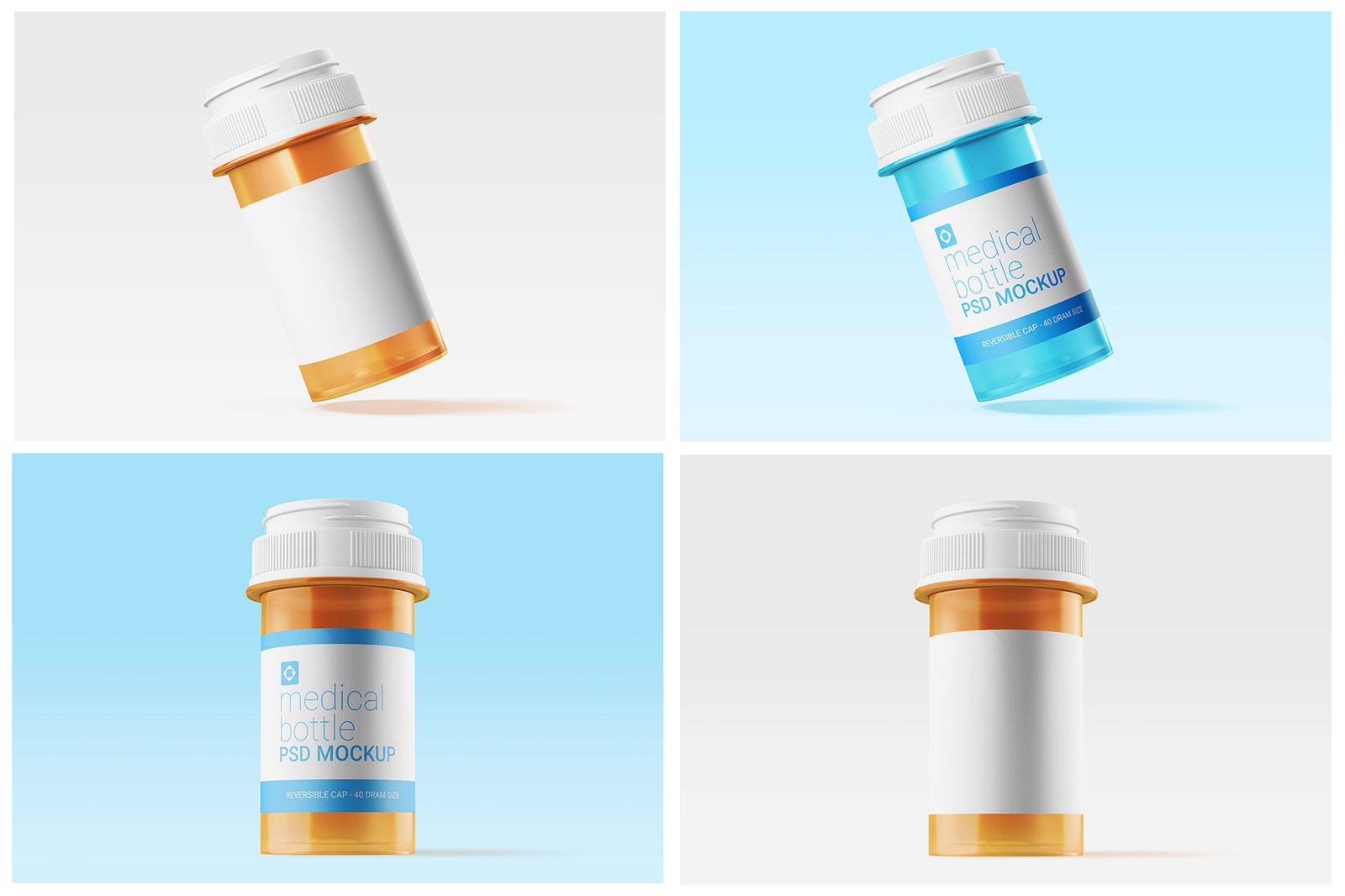 Medicine Transparent Plastic Bottle with Cap Editable PSD Mockup Set