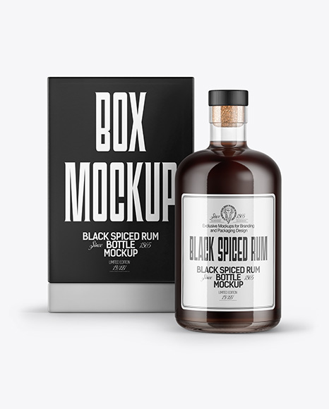 Black Rum Bottle with Box Mockup