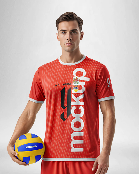 Man Wearing Full Volleyball Kit with Ball Mockup