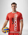 Man Wearing Full Volleyball Kit with Ball Mockup