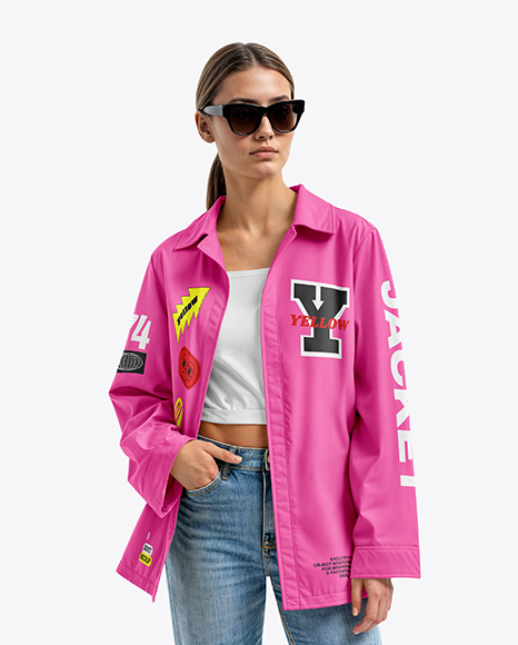 Young Woman in Sunglasses Wearing Jacket and Crop Top Mockup - Sunglasses+Mockup+-+Top+View+in+Apparel+Mockups+on+Yellow+...