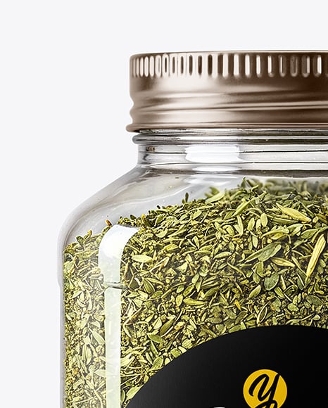 Square Plastic Jar with Dried Tarragon Mockup