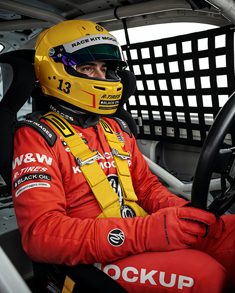 Man Wearing Racing Kit In Nascar Car Mockup - Kit mockup psd