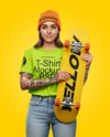 Woman Wearing T-shirt and Beanie Hat with Skateboard Mockup