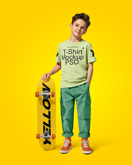 Boy Wearing T-Shirt and Cargo Pants with Skateboard Mockup