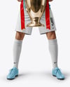 Man Wearing Soccer Jersey and Shorts Holds Cup Mockup