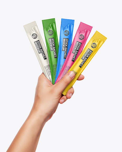 Five Sachets in a Hand Mockup - Packaging mockups