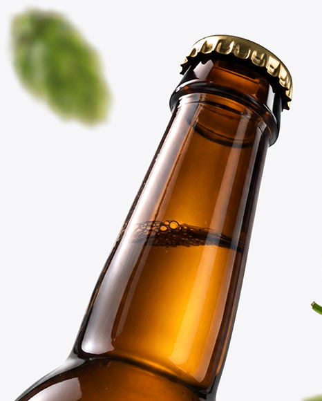 Amber Glass Beer Bottle with Fresh Hops Mockup