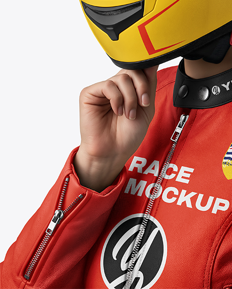 Woman Wearing Leather Jacket and Racing Helmet Mockup