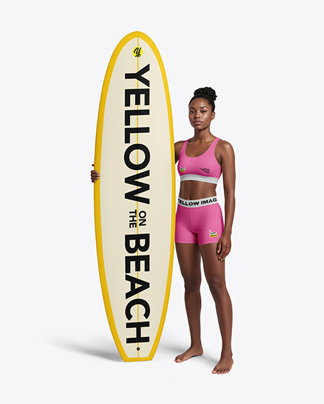 Woman Wearing Sports Bra and Shorts Holding Surfboard Mockup