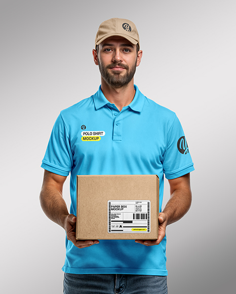 Delivery Man Wearing Polo Shirt and Baseball Cap Holding Box Mockup