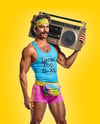 Mustachioed man with Boombox Wearing Tank Top and Shorts Mockup