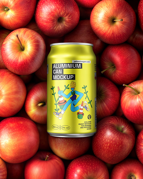 12oz Drink Can on a Stack of Red Apples Mockup - Metal can mockup