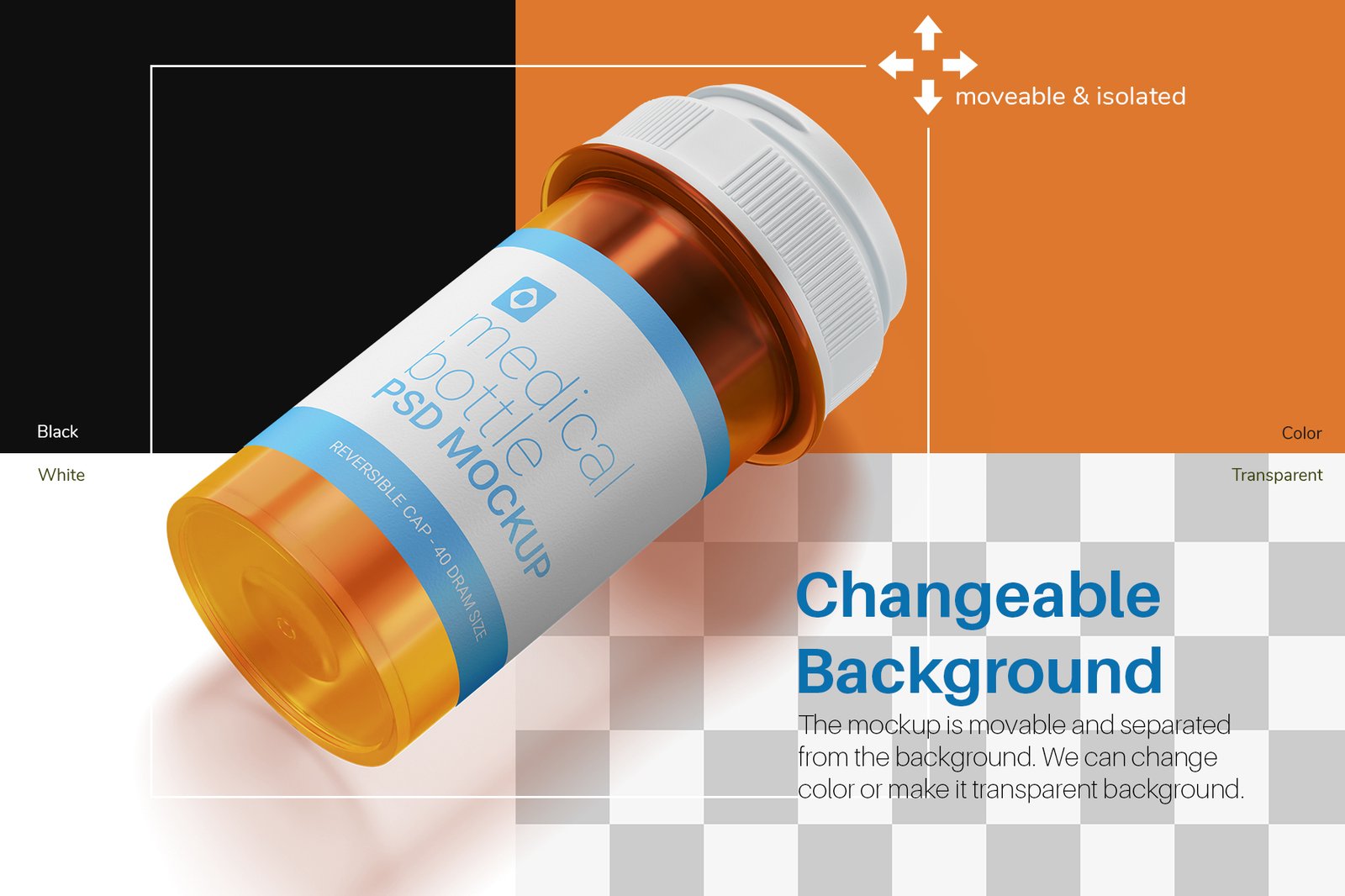 Medicine Transparent Plastic Bottle with Cap Editable PSD Mockup Set