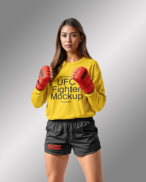 Female UFC Fighter Wearing Long Sleeve T-Shirt & Shorts Mockup