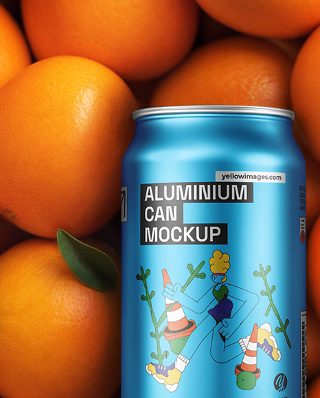 12oz Drink Can on a Stack of Oranges Mockup