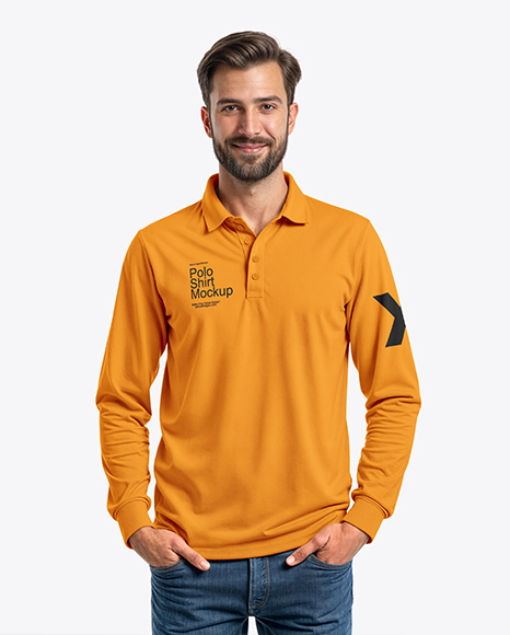 Man Wearing Long-Sleeve Polo Shirt and Jeans Mockup - Mens+Polo+Mockup+FrontView+Download+Mens+Polo+Mockup+...