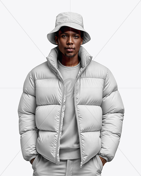 Black Man Wearing Puffer Jacket and Bucket Hat Mockup