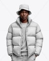 Black Man Wearing Puffer Jacket and Bucket Hat Mockup