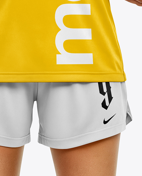 Woman Wearing Soccer Jersey and Shorts Mockup