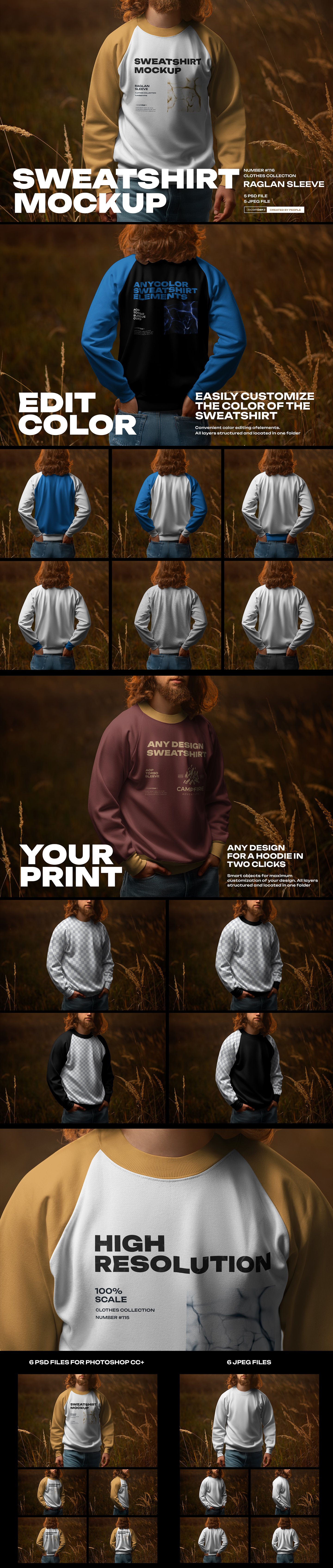 5 Mockups of Men&#039;s Raglan Sleeve Sweatshirt on the Sunset Outdoor. Vol 02