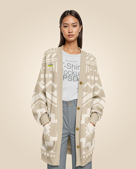 Young Asian Woman Wearing Cardigan and T-Shirt Mockup